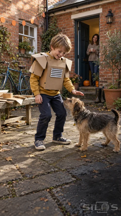 A boy wearing a cardboard robot costume bends toward a terrier in a brick courtyard with craft scraps on a bench.