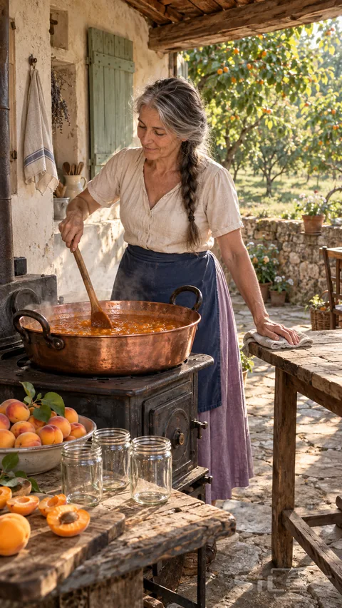 A woman stirs apricot jam in a copper pan on a cast-iron stove beside fresh apricots and empty jars in a summer kitchen.