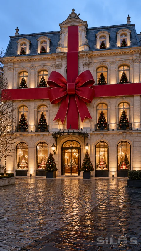A grand illuminated stone building is wrapped in giant red ribbon and a bow above wet cobbles at winter dusk.