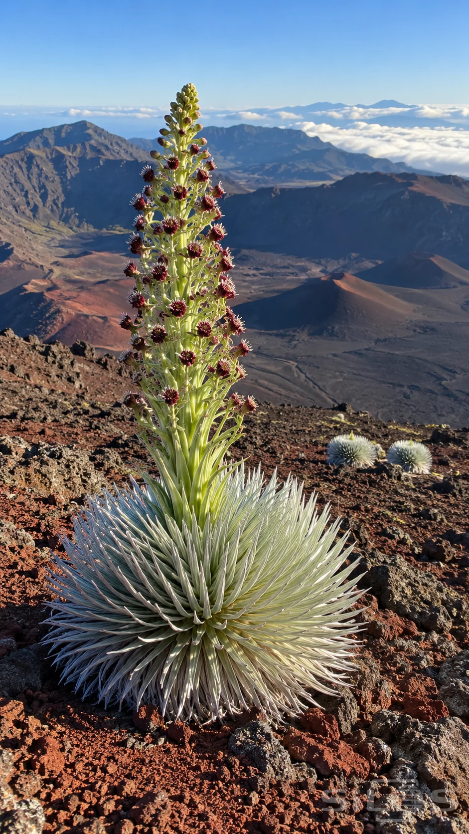Silversword bloom rises from a silver rosette above red volcanic cinders and layered crater ridges.