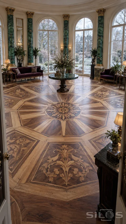 An elaborate star parquet floor below banded green malachite columns and arched windows overlooking a frosty garden.