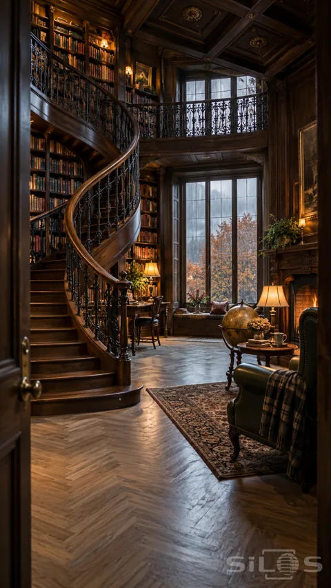 Walnut spiral staircase and book galleries in a tall library with a green leather chair; globe; fireplace and rainy autumn windows.