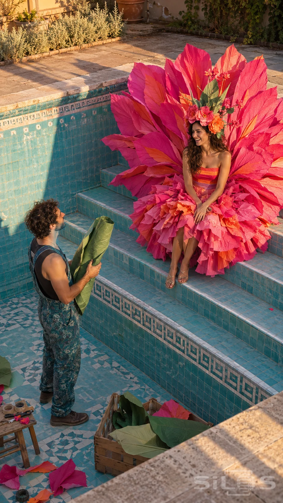 An adult woman in a large pink paper flower costume sits on empty turquoise pool steps while a helper carries a green paper leaf.