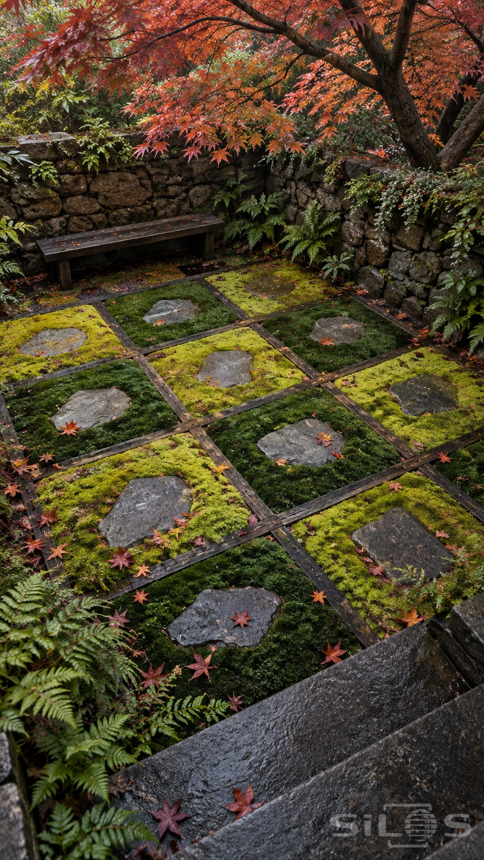 A moss checkerboard fills timber-edged squares with green groundcover and stone slabs beneath a copper-leaved maple.