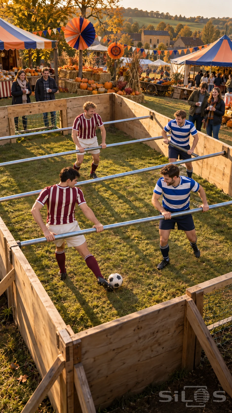 Human foosball players in striped teams holding sliding bars inside a timber court at an autumn village fair.