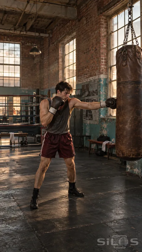 Brick gym boxing practice with a boxer in burgundy shorts punching a leather bag beneath tall windows and worn red brick walls.