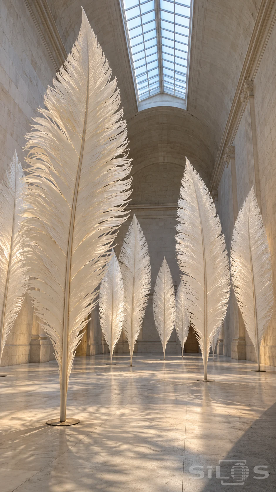 Tall ivory paper feather sculptures stand on small round bases beneath a skylight in a vaulted stone gallery.