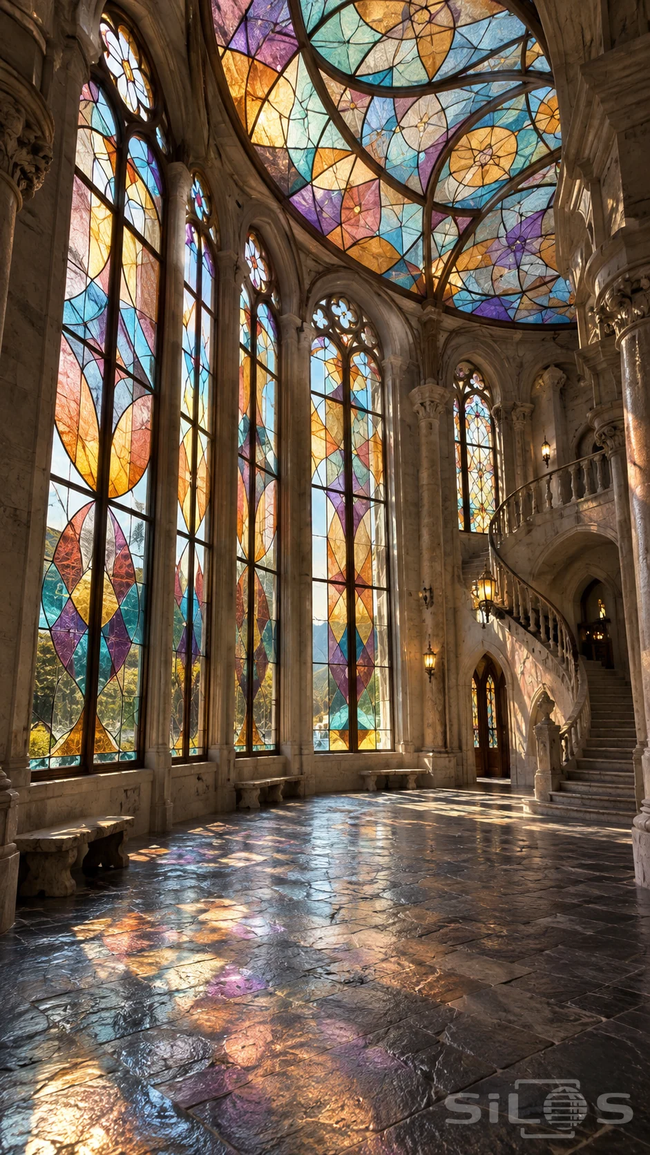 Kaleidoscope glass hall with abstract amber and violet windows, a colored glass ceiling, limestone columns and a curved stone staircase.