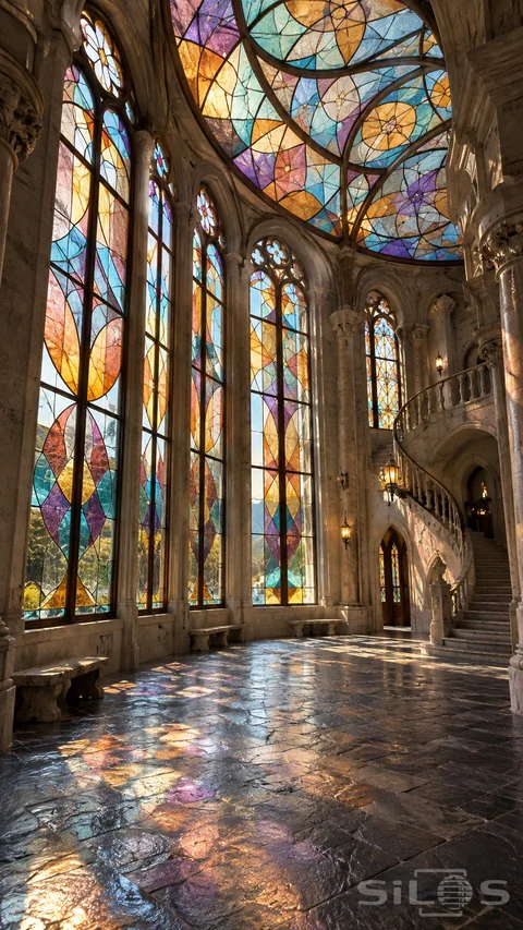 Kaleidoscope glass hall with abstract amber and violet windows; a colored glass ceiling; limestone columns and a curved stone staircase.