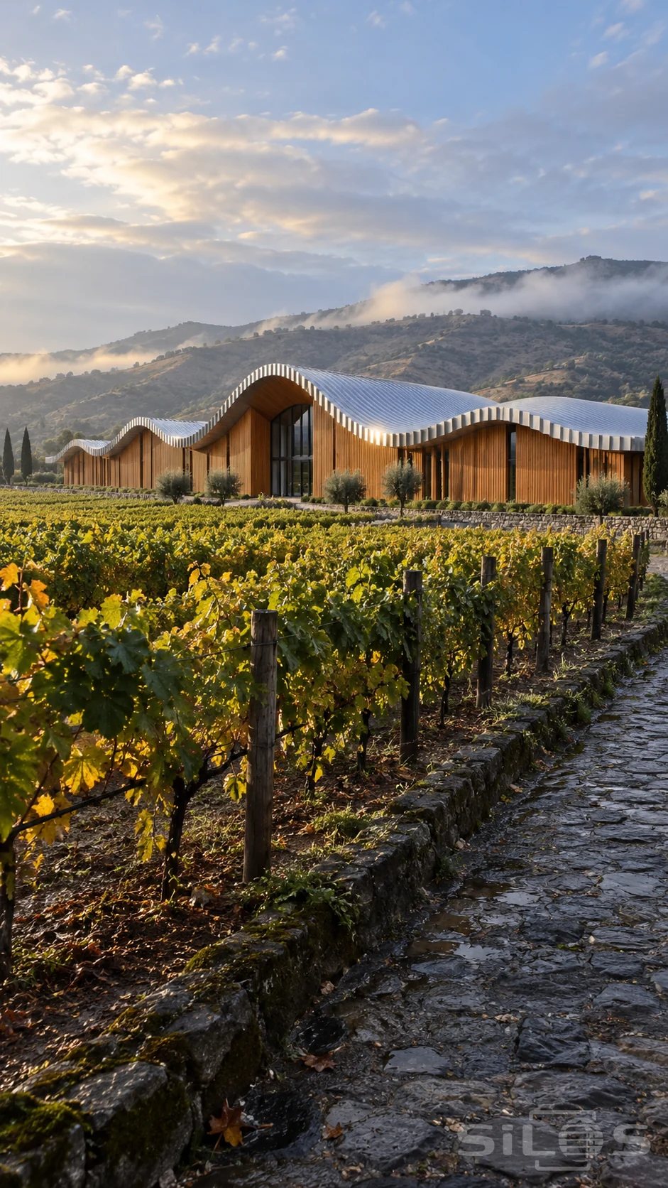 A long cedar vineyard hall has a folded silver wave roof beyond golden vines and a wet stone lane beneath misty hills.
