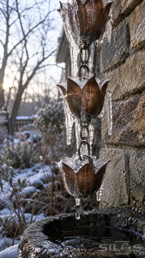 Flower-shaped cups of a copper rain chain hold clear ice beside a stone wall; with a drop falling toward a dark basin.