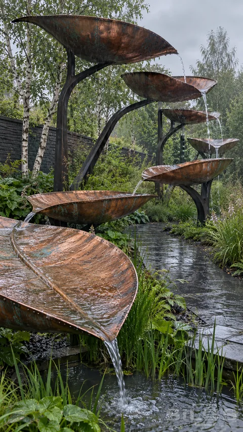 Giant copper leaves form a cascading rain garden on branching steel supports beside a wet slate path and silver birch trees.