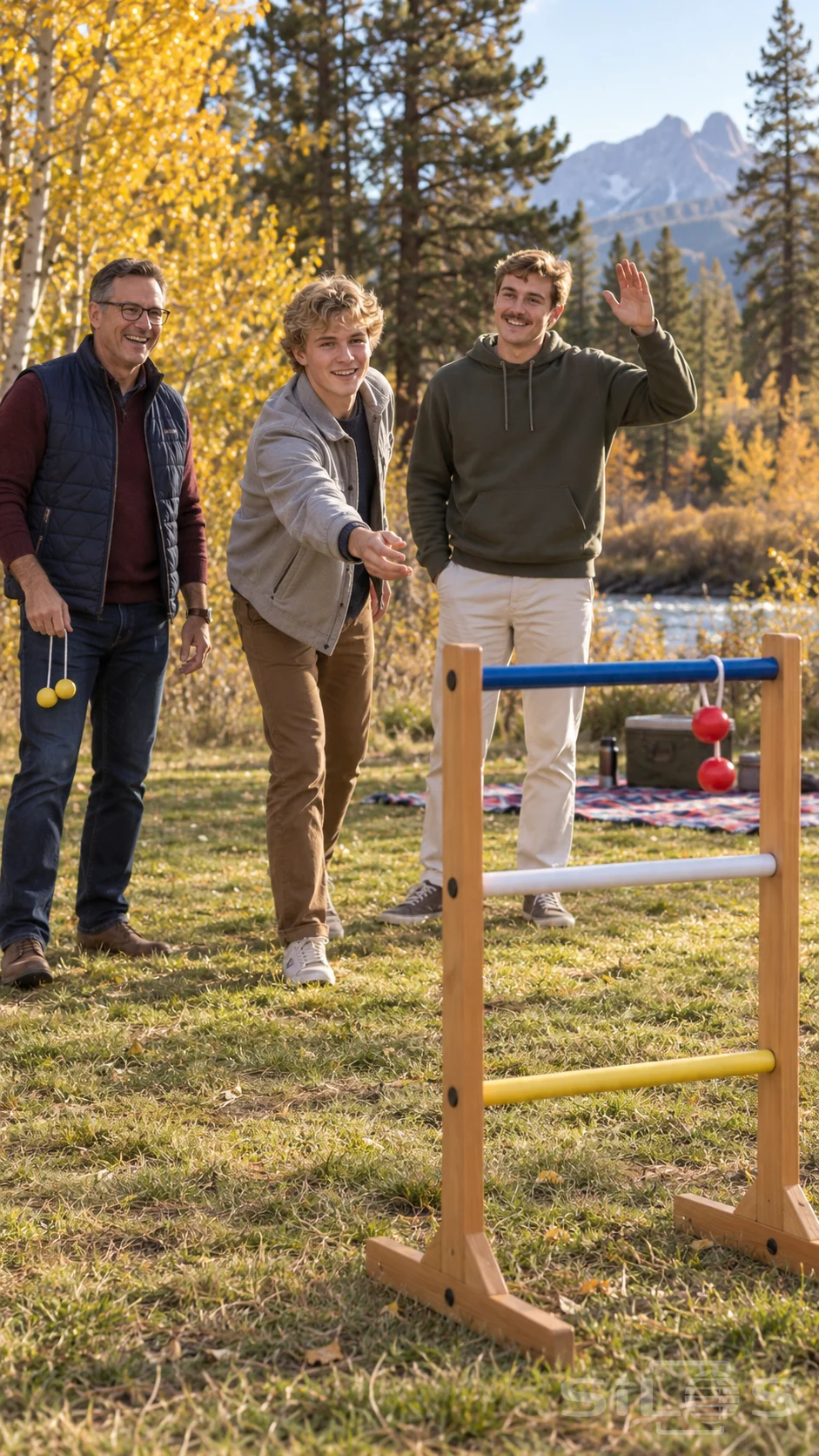 Three male relatives laugh as a red bola hangs on the upper rung of a ladder toss target beneath golden aspens.