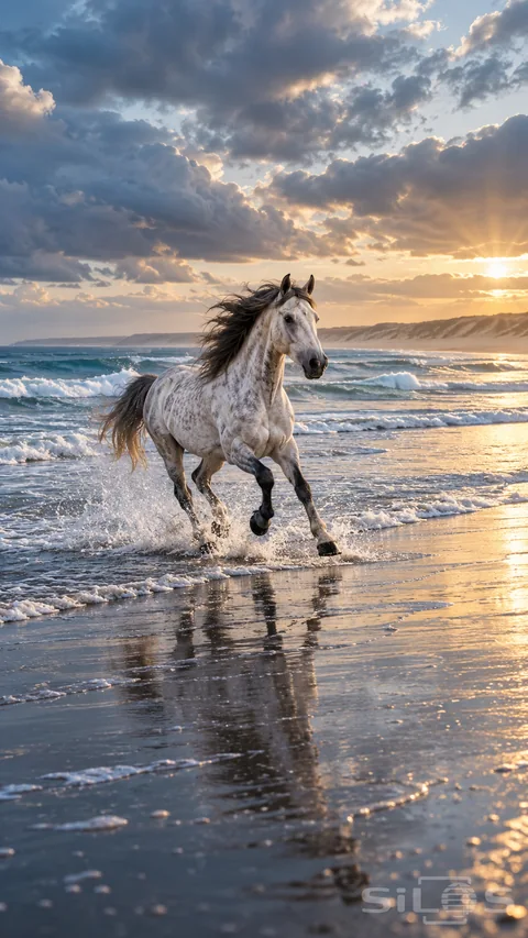 A white horse with a dark mane runs through shallow surf as warm sunlight glows across wet beach sand.