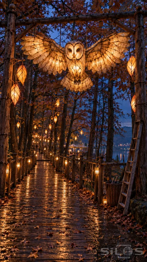 An owl lantern walkway glows beneath copper-colored woodland leaves at blue hour.