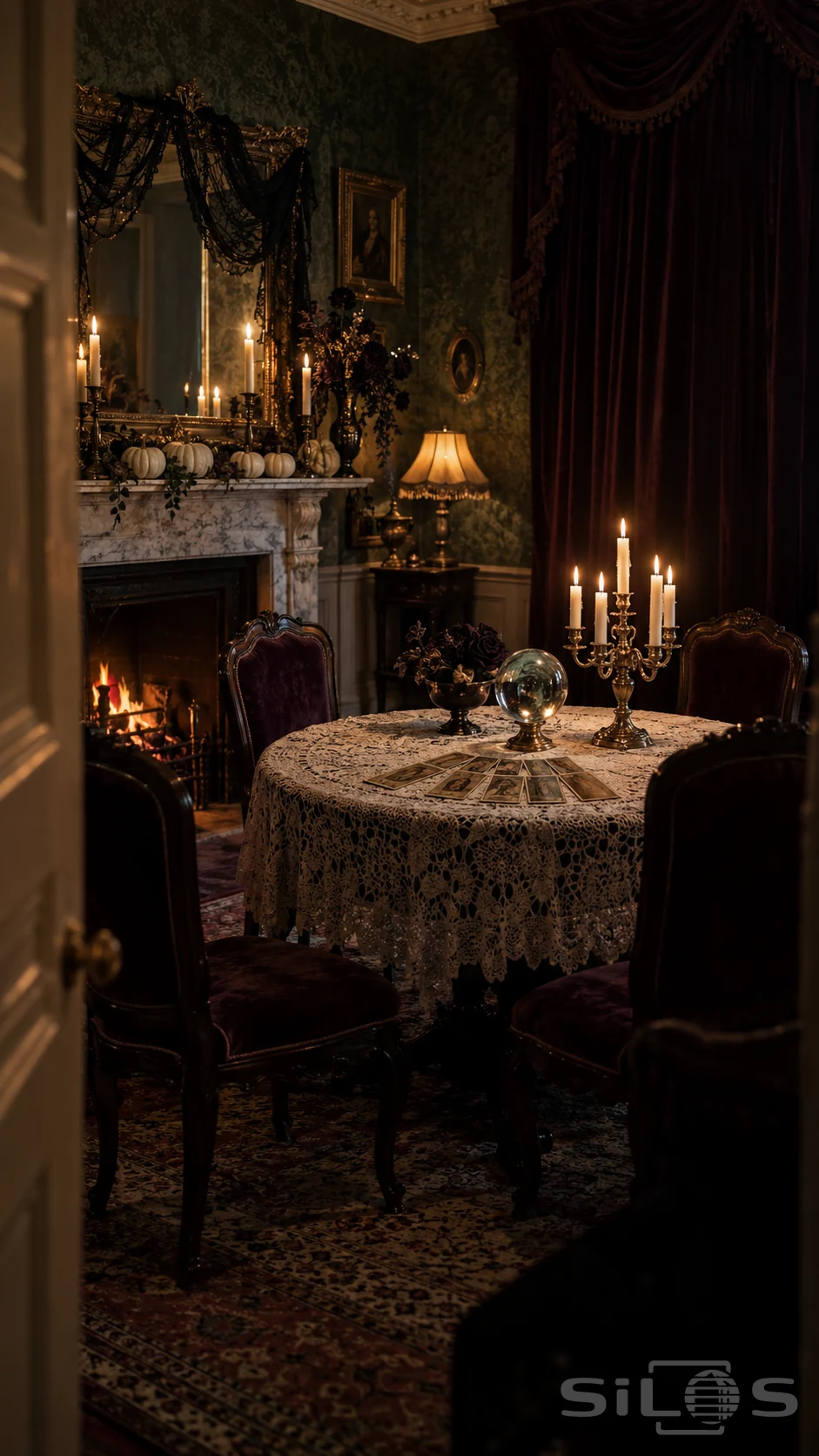 A crystal ball and candles on a lace-covered table in a Victorian parlour with dark curtains and white pumpkins