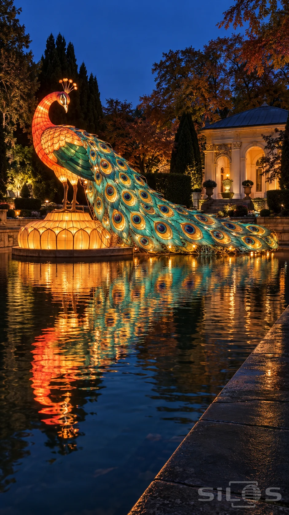 A giant illuminated peacock lantern with a turquoise eye-patterned tail stands above a garden pool at blue hour.