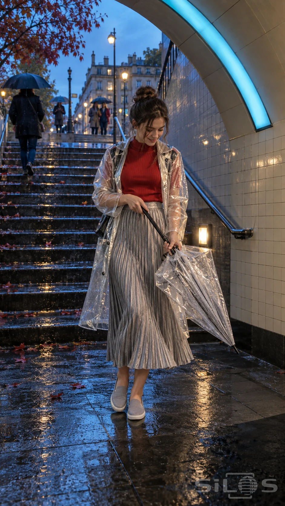 A woman in a silver skirt and red top closes a transparent umbrella at the tiled entrance to a city underpass.
