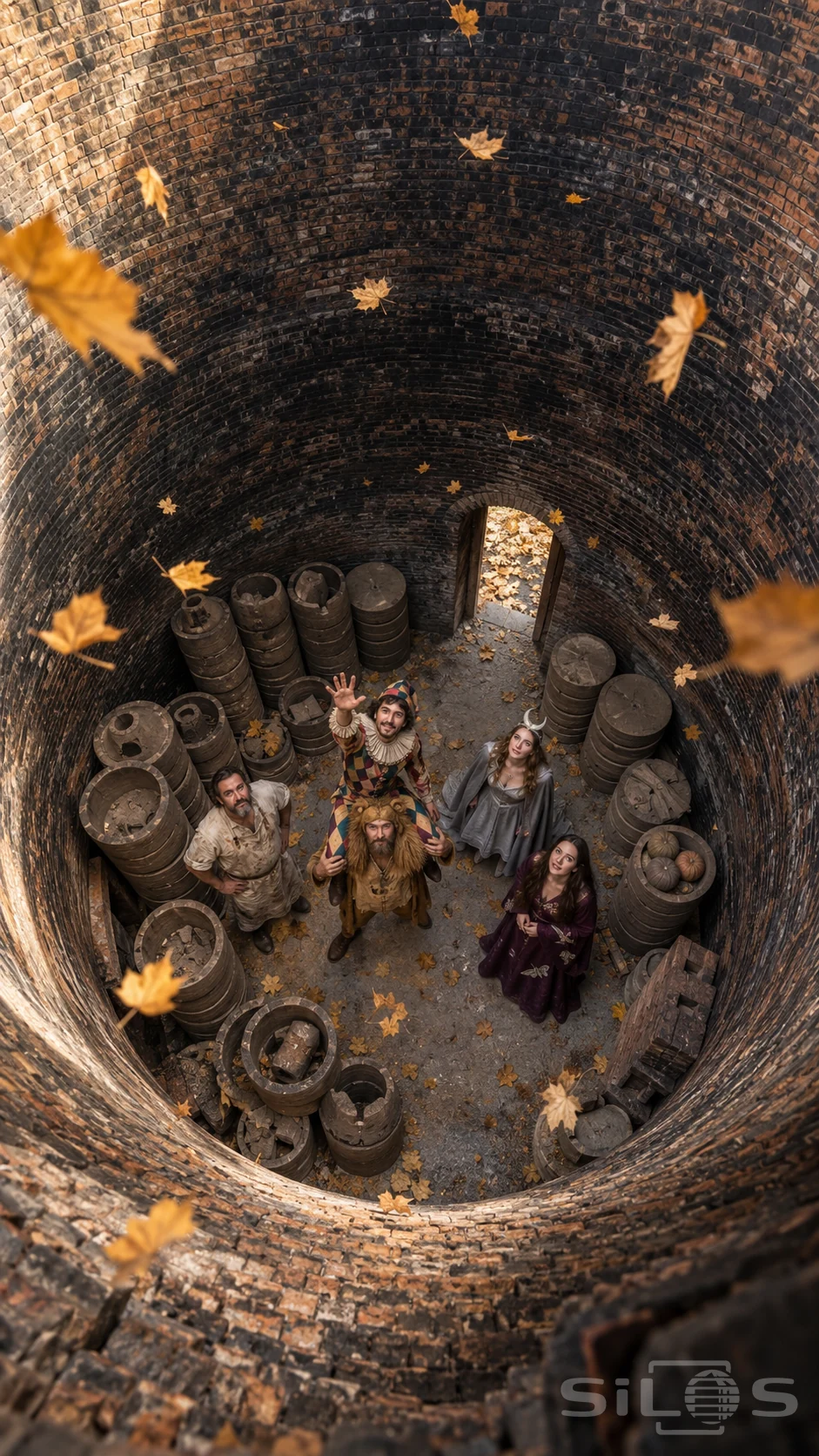 An overhead view into a brick kiln shows five costumed adults, one riding another’s shoulders, among clay saggars.