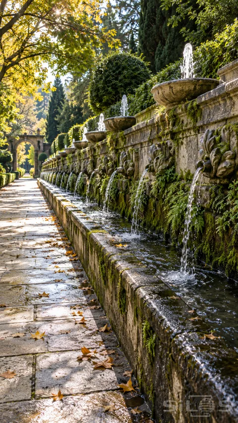 A long mossy stone wall carries bowl fountains and carved leaf spouts into a continuous trough beside a sunlit garden path.