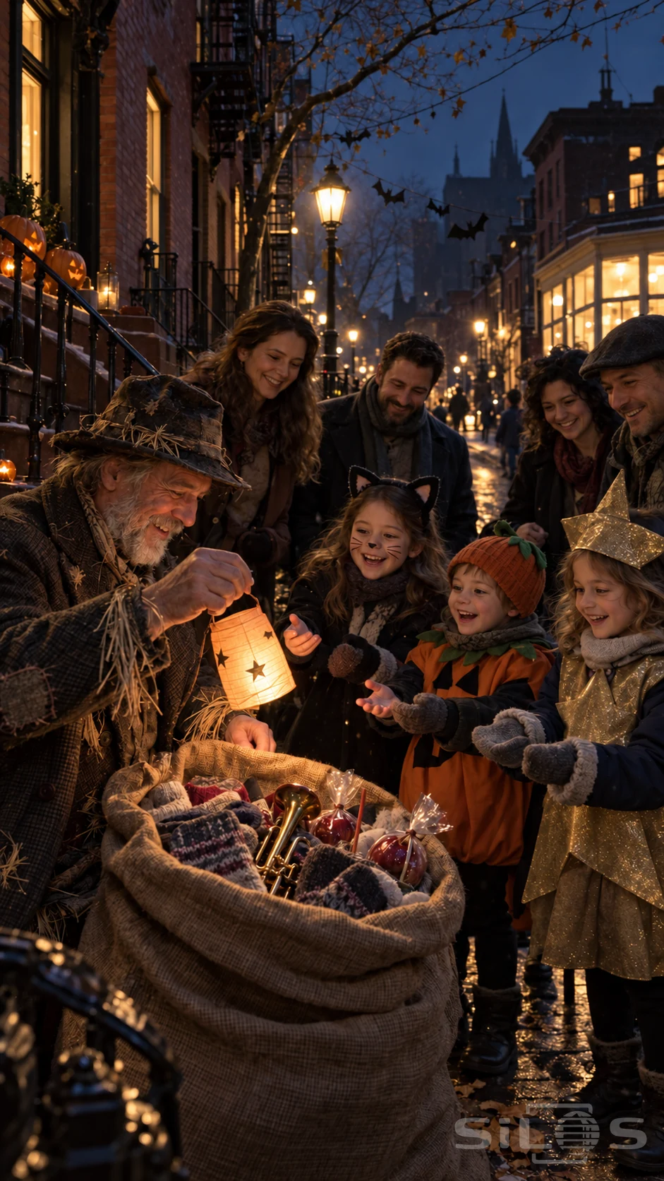 An older man in a scarecrow coat lifts a paper lantern from a full burlap sack before three smiling costumed children.