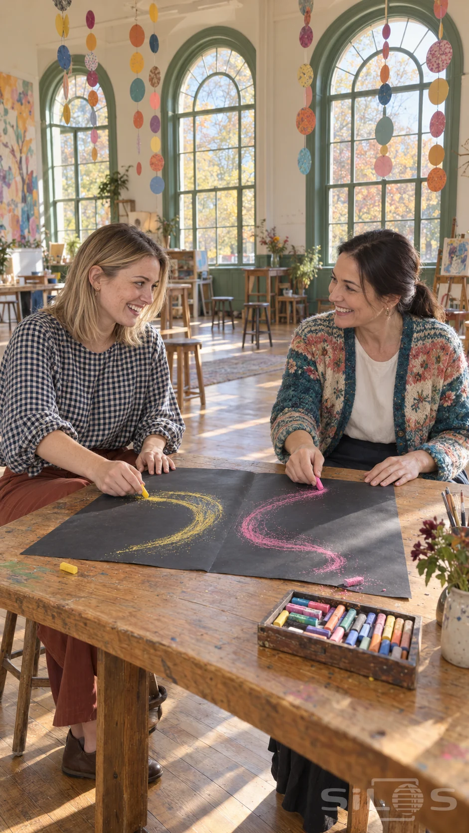 Two friends share mirror drawing with yellow and pink colored pastels on black paper beneath tall arched windows.