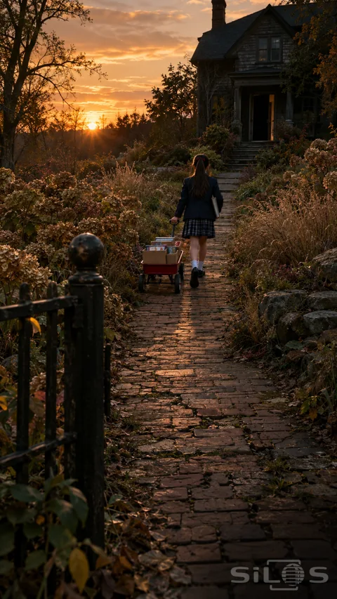 A girl in a navy blazer pulls a red wagon of boxes up a brick path toward an old house in golden evening light.