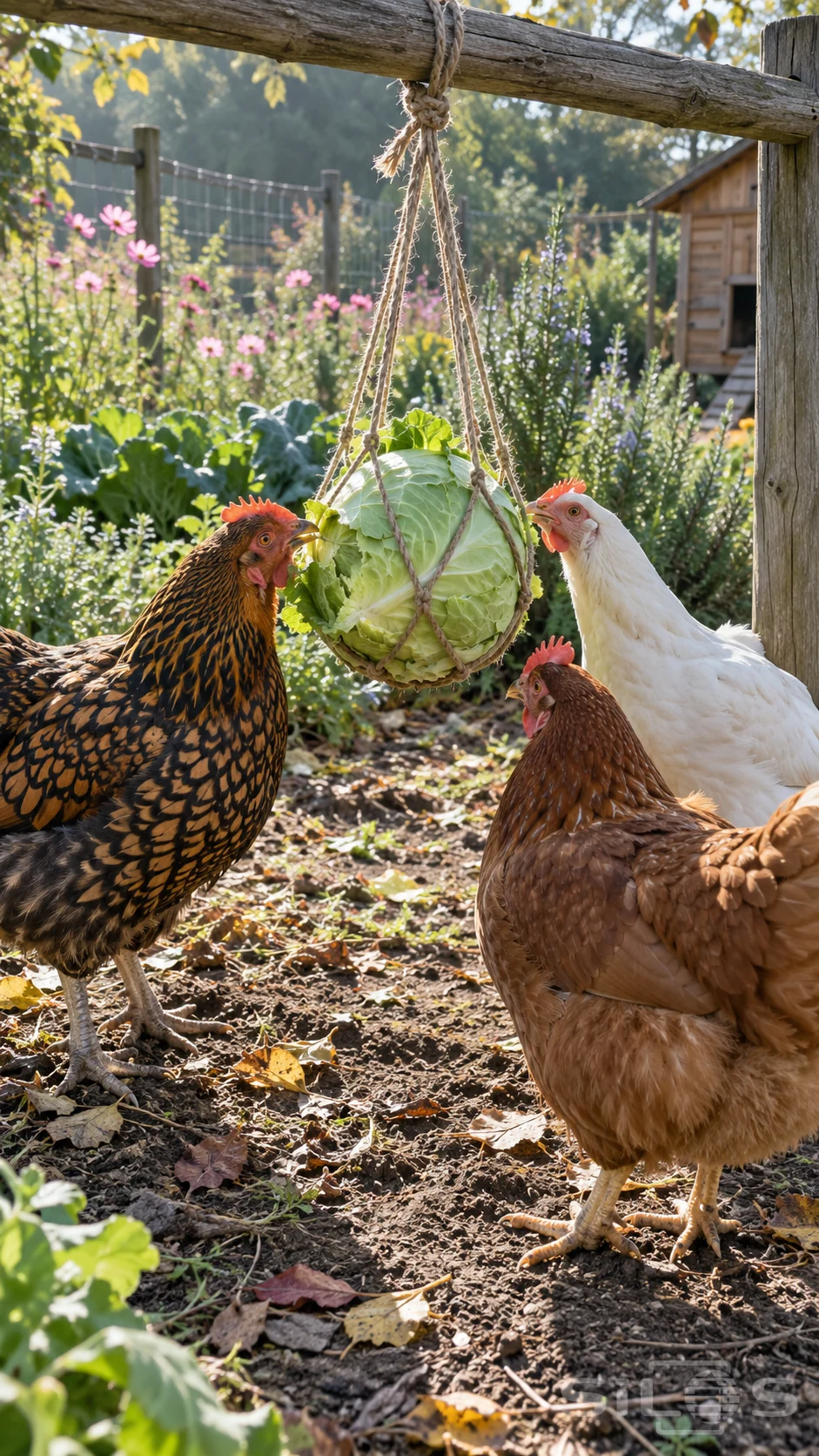 Three hens gather around a hanging cabbage in a jute cradle beneath a wooden crossbar in a flower-filled garden run.