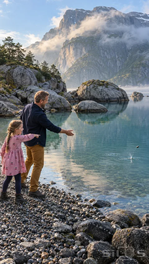 A father and fully dressed daughter watch a skipping stone splash across a mirror cove surrounded by immense granite rocks.