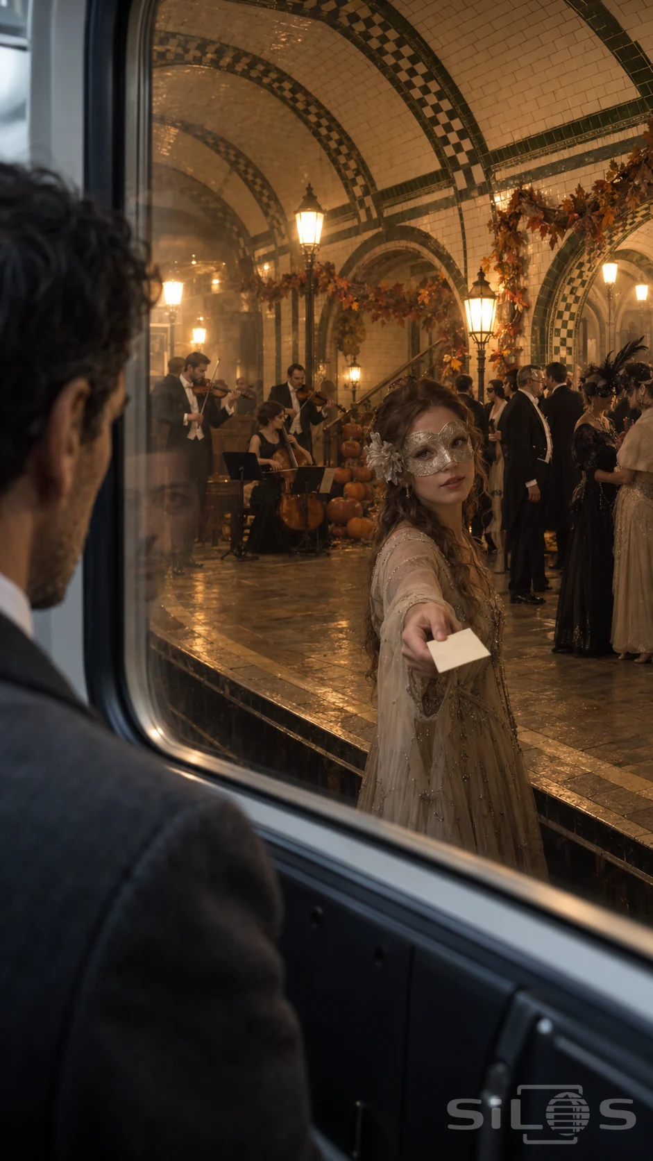 A silver-masked woman offers a blank ticket through the view of a train window beside musicians on a tiled underground platform.