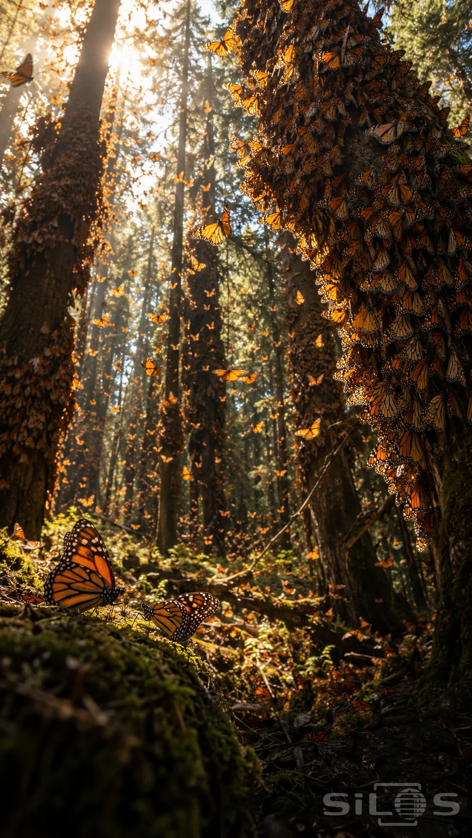 Monarch butterflies cover tall fir trunks and fly through golden sunbeams above two butterflies resting on a mossy log.