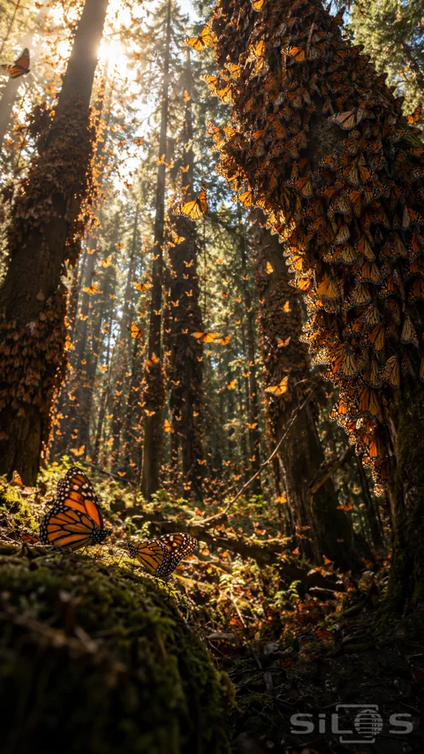Monarch butterflies cover tall fir trunks and fly through golden sunbeams above two butterflies resting on a mossy log.