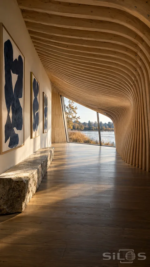 Timber gallery with curved ribs; blue artwork; a stone bench and an angled window overlooking a river.