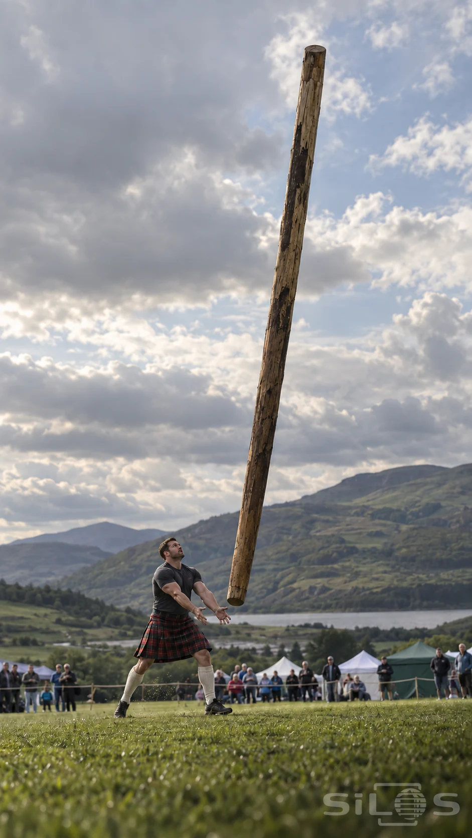 A caber toss with an adult athlete in a tartan kilt releasing a long timber pole above a grassy field and distant green hills.