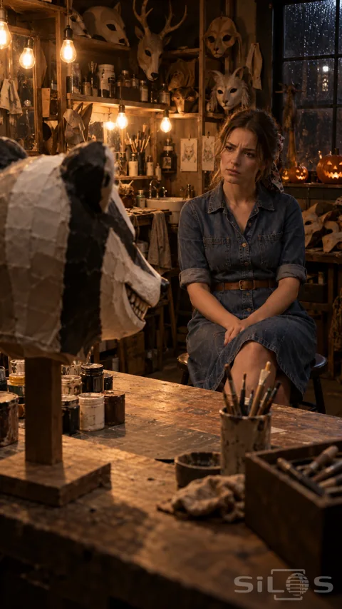 View past a handmade badger mask with a toothy grin toward a puzzled woman seated in a mask studio.