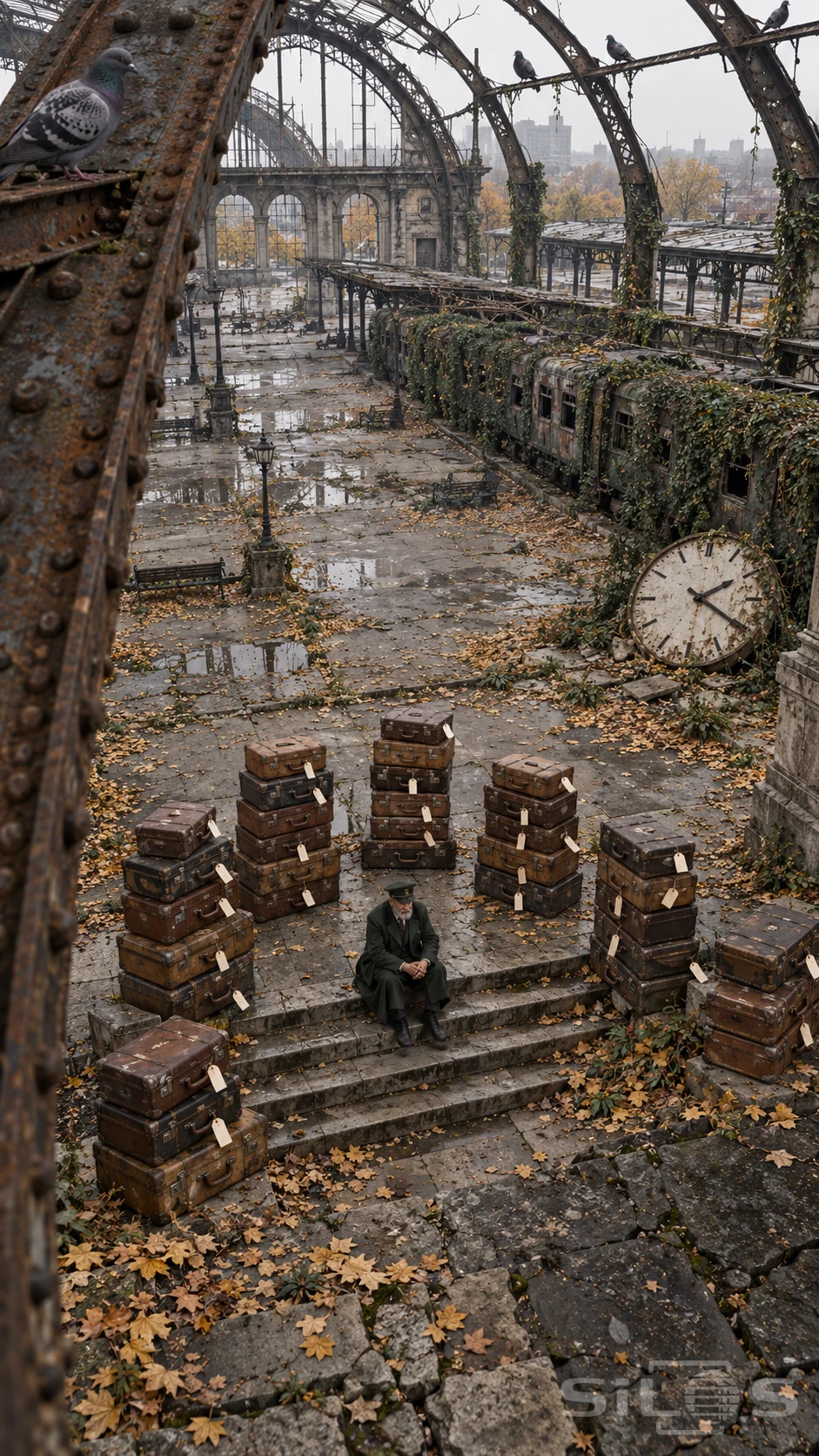 An elderly stationmaster sits among towers of tagged leather suitcases beneath ruined iron roof ribs, beside an ivy-covered train.