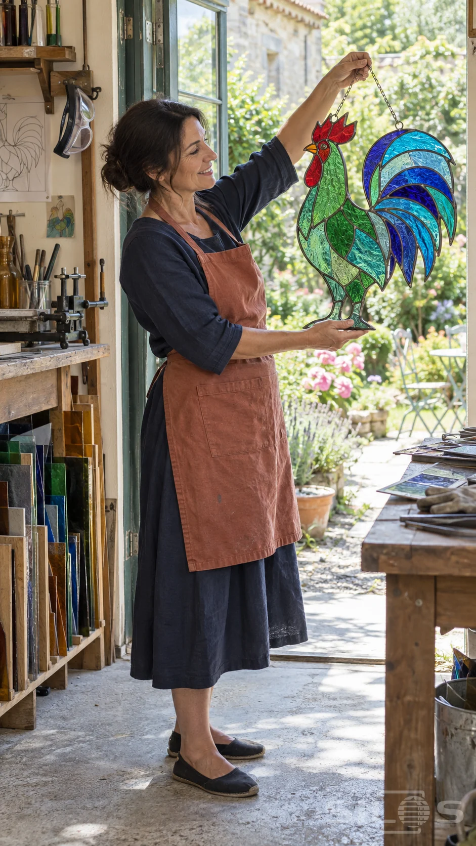 A maker holds a stained glass rooster by its chain and base beside the bright doorway of her workshop.