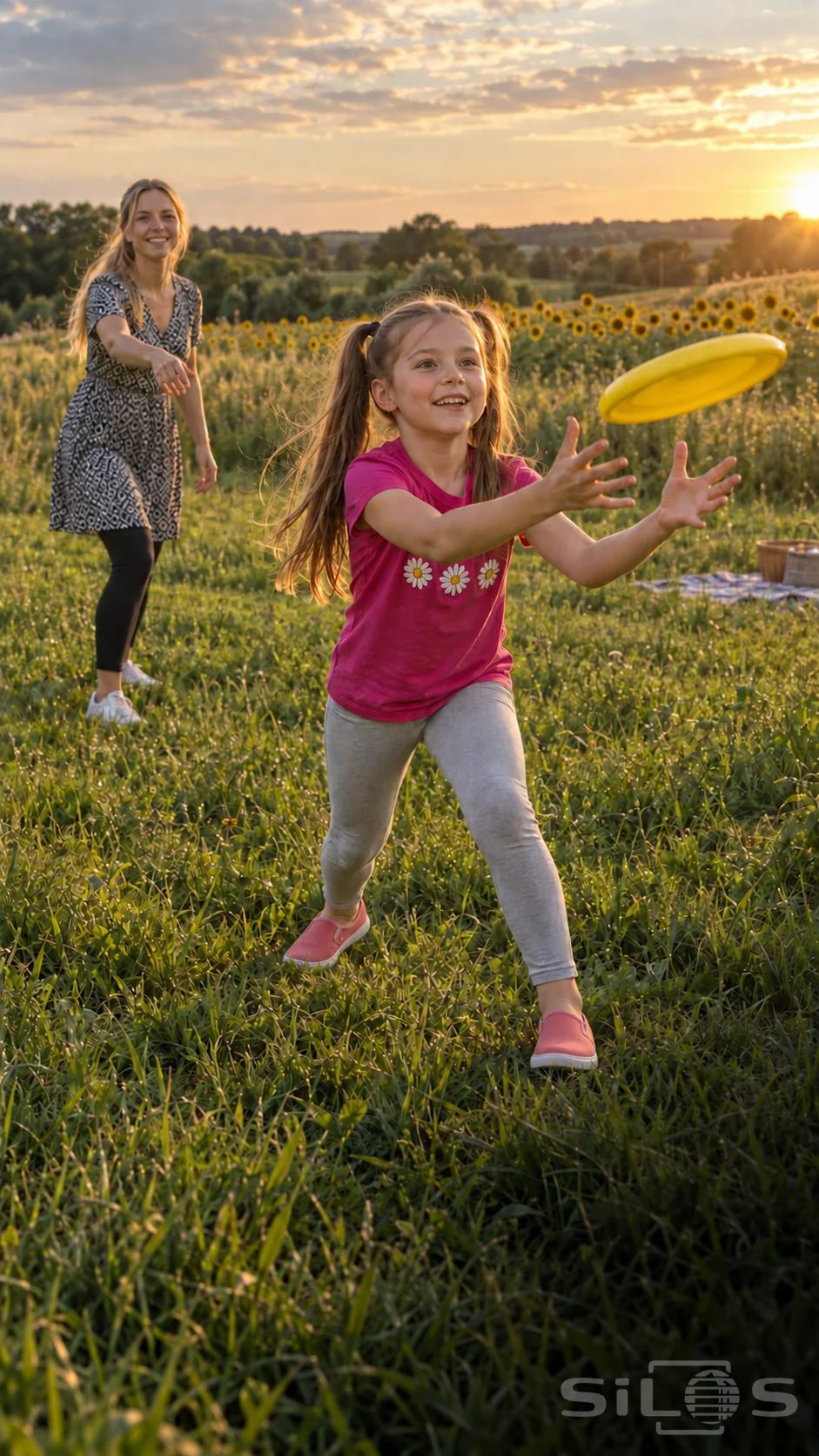 A girl in a pink shirt reaches for a yellow flying disc while her mother watches from farther back in a grassy meadow.