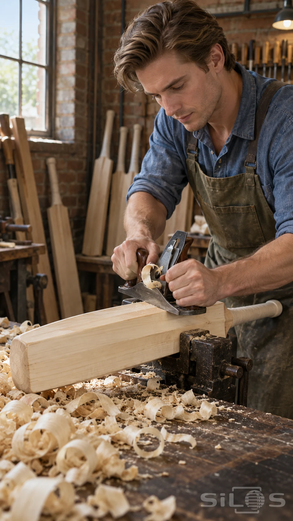 A cricket bat maker pushes a metal hand plane along a pale willow blade held in a workshop vise.