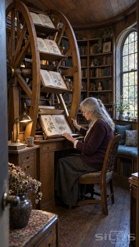 An older woman reads at a large oak book wheel with pivoting trays of botanical books beside an arched window and fitted shelves.