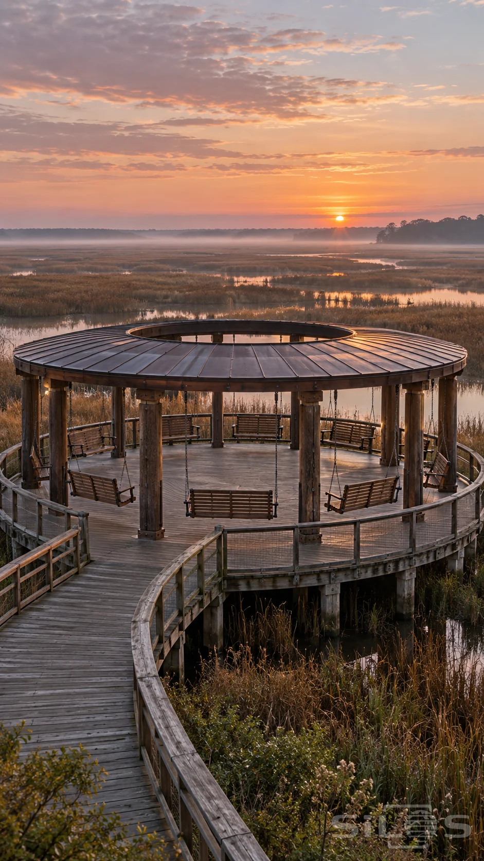 Empty salt marsh swings hang inside a round timber pavilion with a copper roof and curved boardwalk beneath a warm dawn sky.