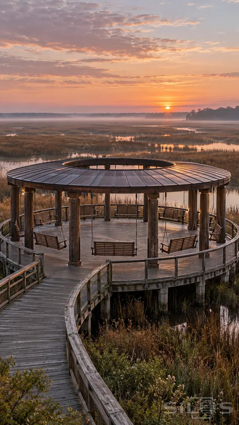 Empty salt marsh swings hang inside a round timber pavilion with a copper roof and curved boardwalk beneath a warm dawn sky.