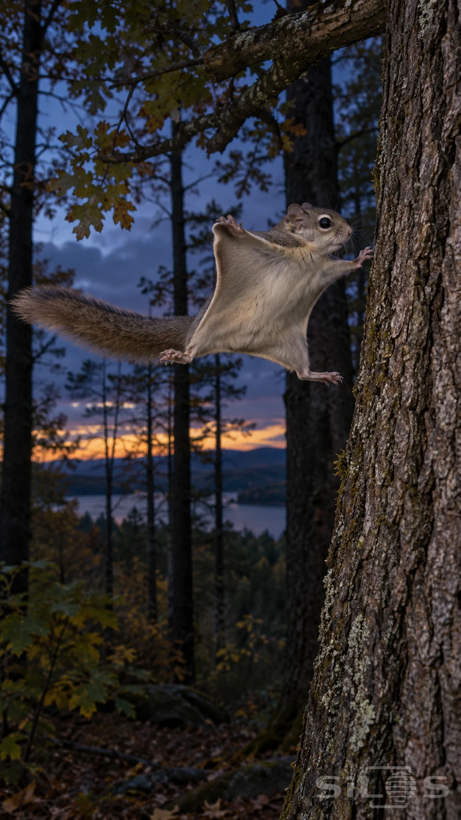 A flying squirrel reaches toward a rough tree trunk with its gliding membrane spread across twilight woodland.