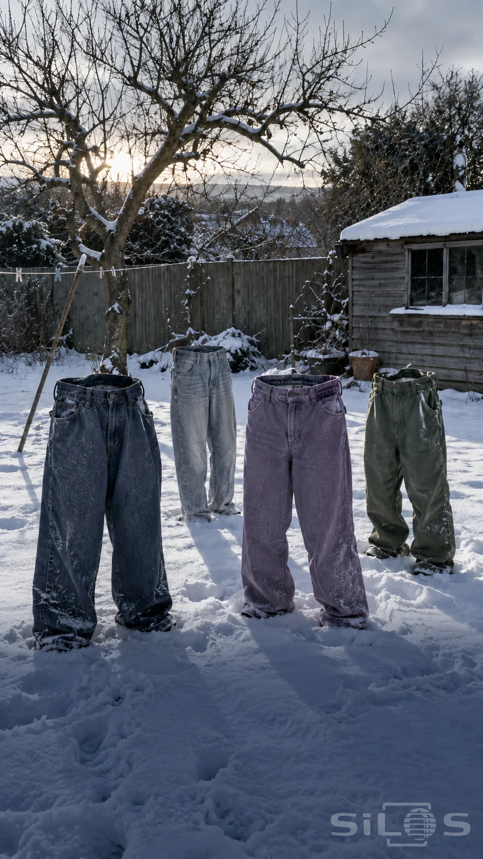 Four pairs of frozen trousers stand empty in a snowy winter garden beneath a washing line.