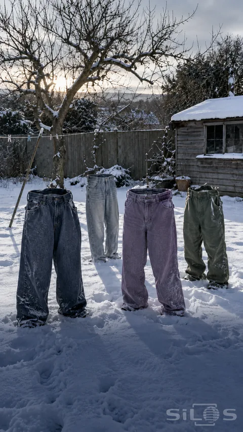 Four pairs of frozen trousers stand empty in a snowy winter garden beneath a washing line.