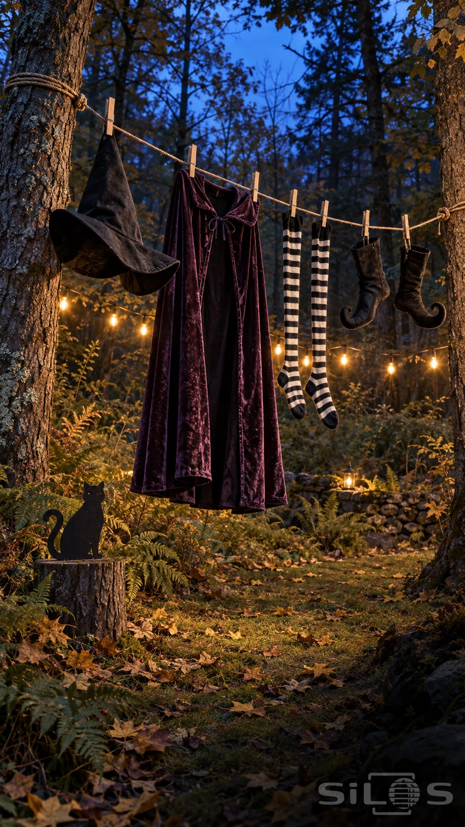 A theatrical witch's laundry line holds an empty cloak, pointed hat, striped stockings and curled fabric boots in a woodland clearing.