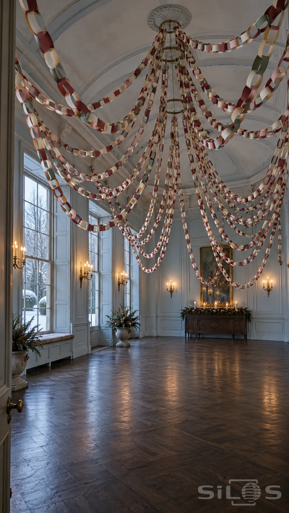 Long multicoloured paper chains hang in deep swags from ceiling rings in a pale blue room with snowy windows and candle sconces.