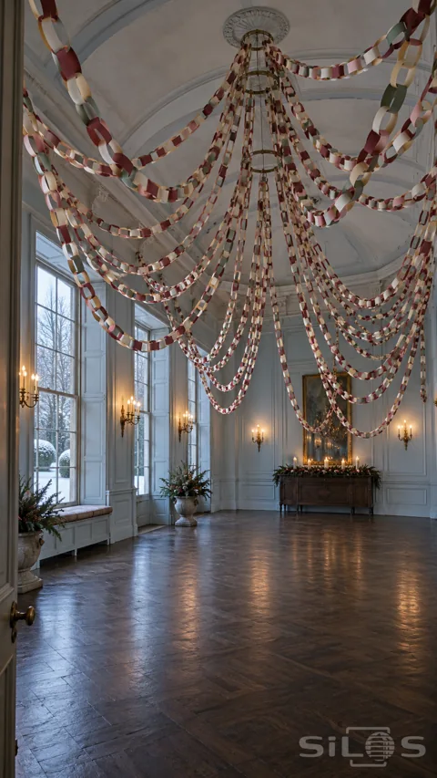 Long multicoloured paper chains hang in deep swags from ceiling rings in a pale blue room with snowy windows and candle sconces.