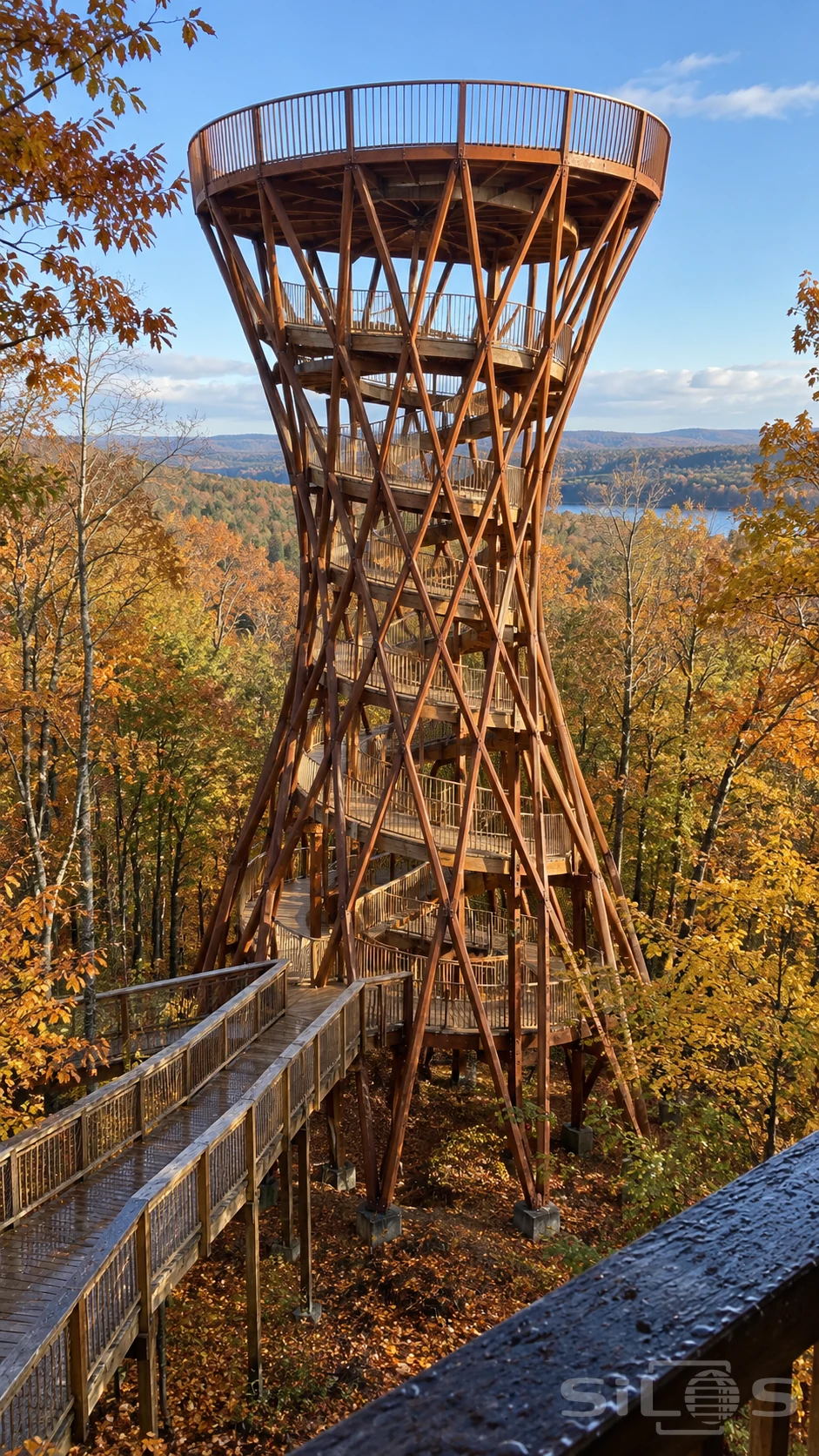 An hourglass-shaped lattice lookout with a circular upper deck stands above an empty boardwalk in an autumn forest.