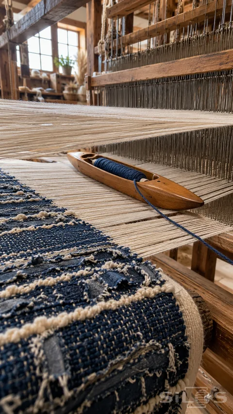 Cream warp threads lift around a wooden shuttle filled with indigo yarn; above a loom cloth woven with denim strips and cream wool.